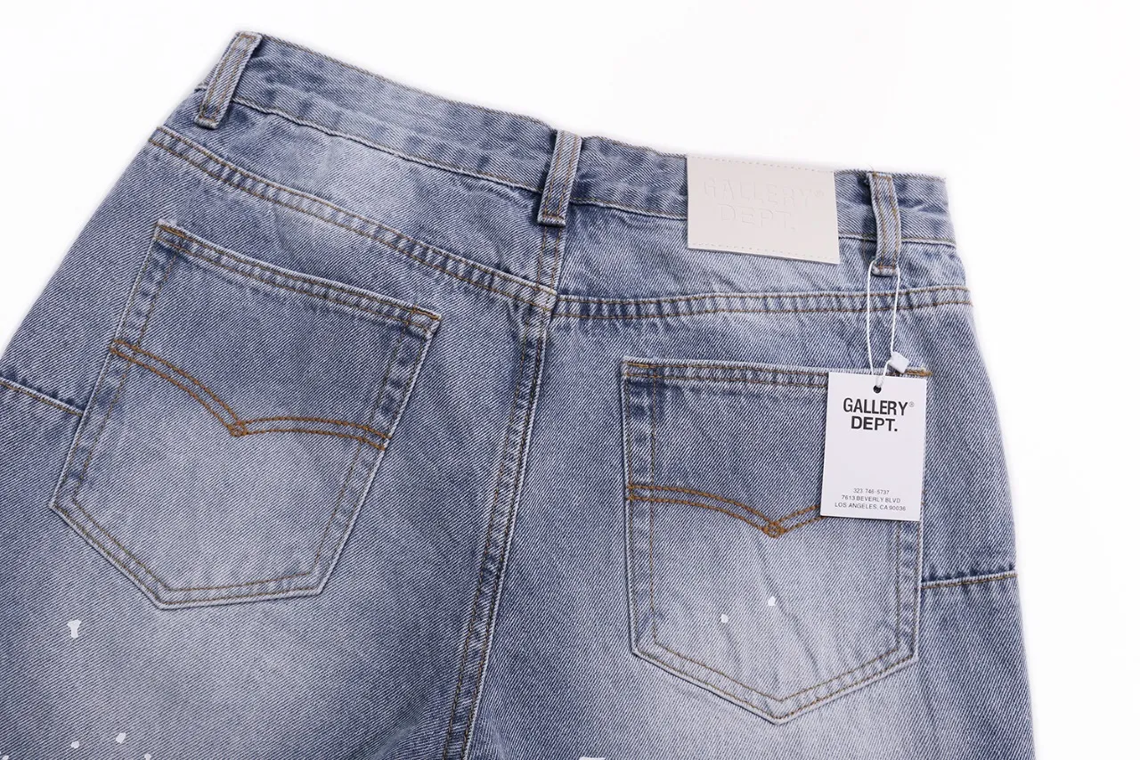 p240 (detail picture) 638#Gallery Dept new style splash ink hole knife cut washed blue micro-flare jeans versatile casual pants American high street trousers washed blue S~XL
